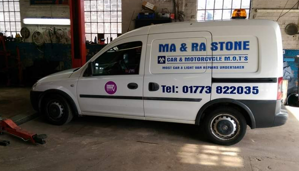 MA & RA Stone's Garage, breakdown van in garage